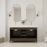 Side view of the 60-inch double sink bathroom vanity cabinet with soft-close doors and open shelf storage, against a