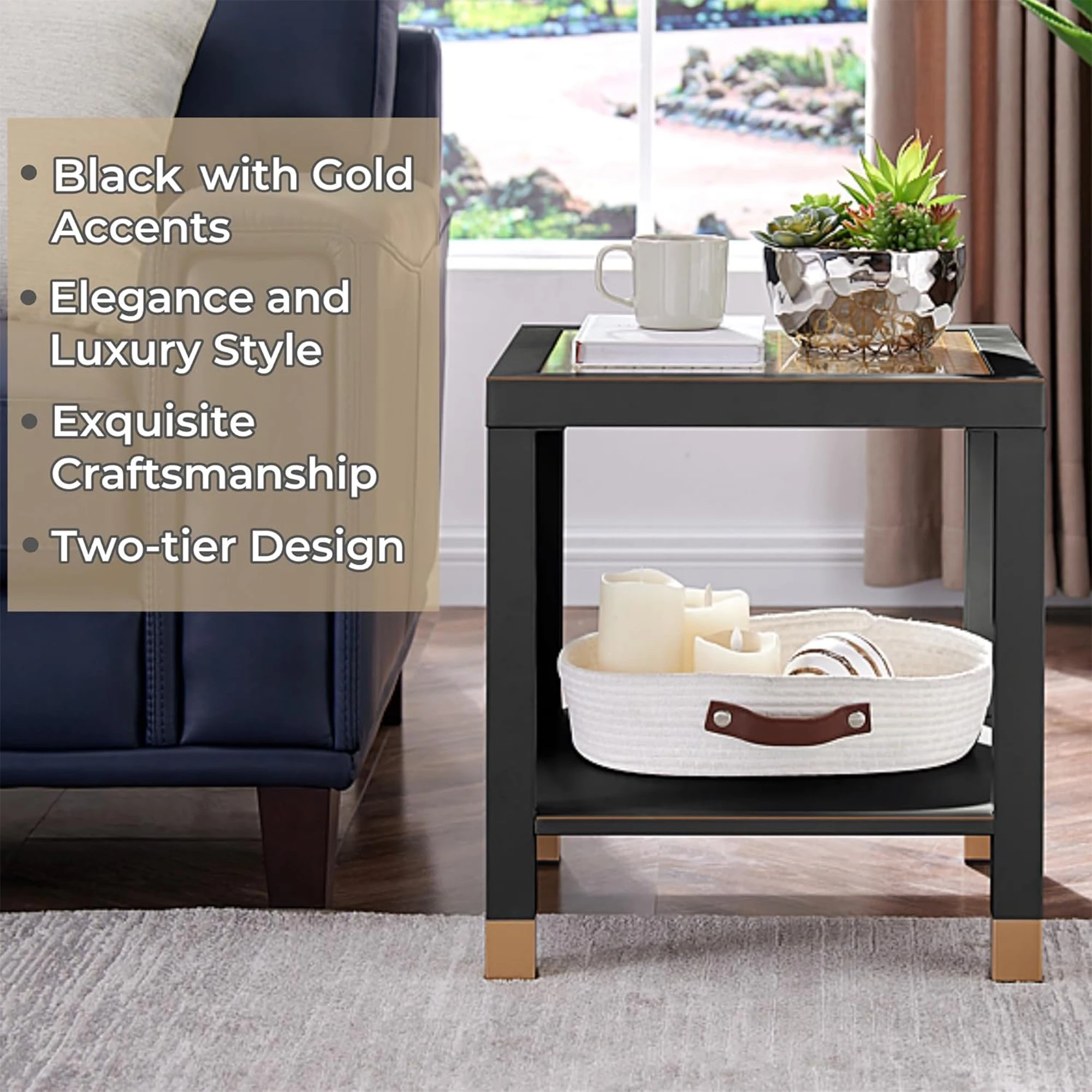 Square Side Table with Tempered Glass Shelf and Metal Frame - Goldoma