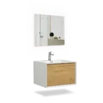 Close-up of the wall-mounted small vanity cabinet showing its wood grain finish and sleek handle