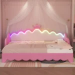 Modern twin extending daybed with LED lights and crown headboard in white PU leather