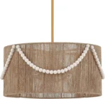 French Country Boho Chandelier, Rattan Hand Woven Drum Pendant Light with Wood Beads, Adjustable Coastal Pendant Lighting