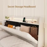 King floating bed frame with LED lighting and charging station in a modern bedroom