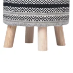 Goldoma 16-inch round chevron ottoman in black and white cotton upholstery with wooden legs
