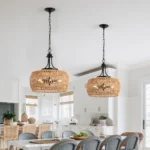 19" Boho Hemp Rope Pendant Light, Hand-Woven Jute Hanging Lamp with Adjustable Chain, Natural Rope Shade Ceiling Light