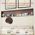 Goldoma velvet tufted queen bed frame with 52-inch lighted headboard and built-in USB charging port in a modern bedroom setting