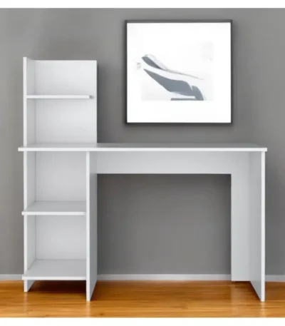 HMS 47" White Wood Computer Desk Simple Modern Design with Shelf and Drawer Adjustable Office Desk Metal and Wooden Material