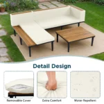 Luxury modern outdoor sofa set with acacia wood frame and removable waterproof cushions on a patio