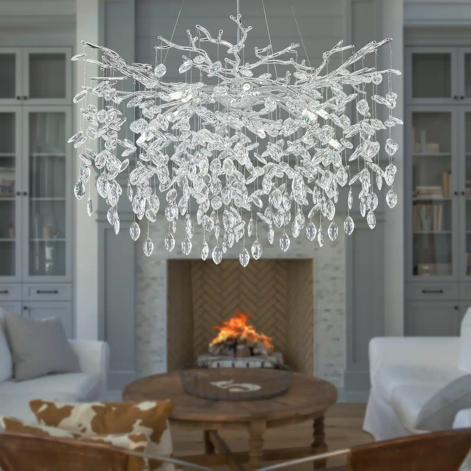 Modern Crystal Chandelier, Round Tree Branches Chandelier 8-Light Chandelier for Living Room Bedroom Bathroom Kitchen Foyer