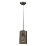 HMS contemporary industrial bronze metal hanging light with Nordic mesh shade in warm white, shown from the front