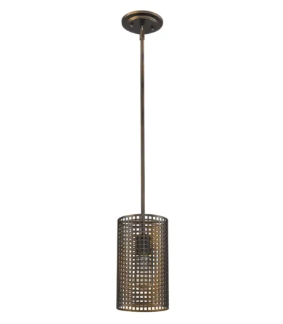 HMS contemporary industrial bronze metal hanging light with Nordic mesh shade in warm white, shown from the front