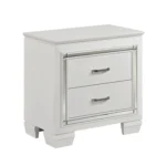 White nightstand with faux alligator textured drawer fronts, glossy finish, and stainless steel handles - Goldoma nightstand storage