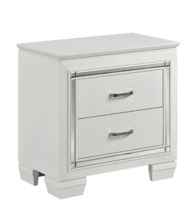 White nightstand with faux alligator textured drawer fronts, glossy finish, and stainless steel handles - Goldoma nightstand storage