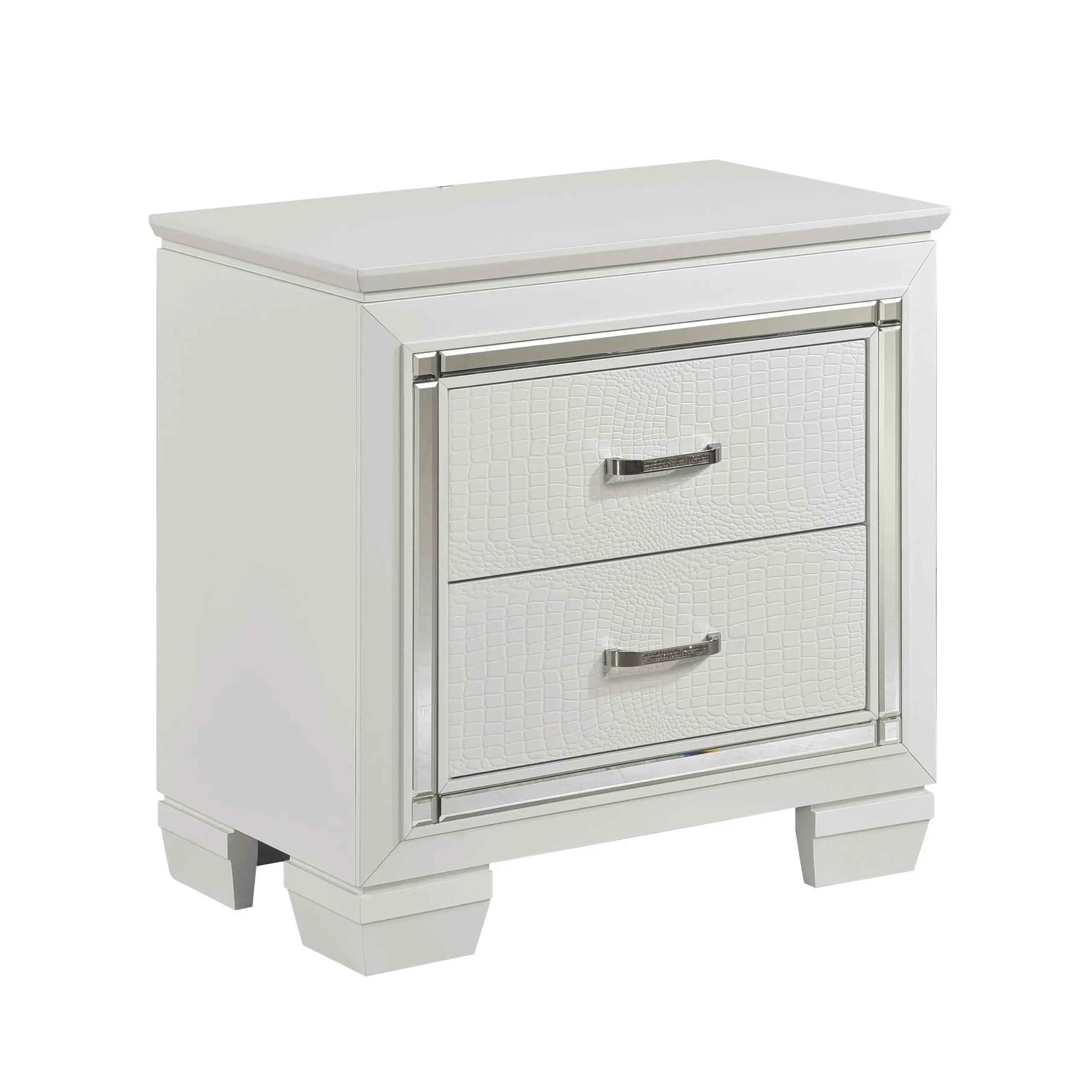 H63db23ec6ed34cc68f415b813f8814e8l.webp White nightstand with faux alligator textured drawer fronts, glossy finish, and stainless steel handles - Goldoma nightstand storage