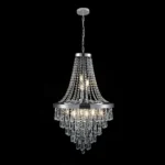 Modern crystal chandelier in chrome finish with clear K9 crystals hanging over a dining table