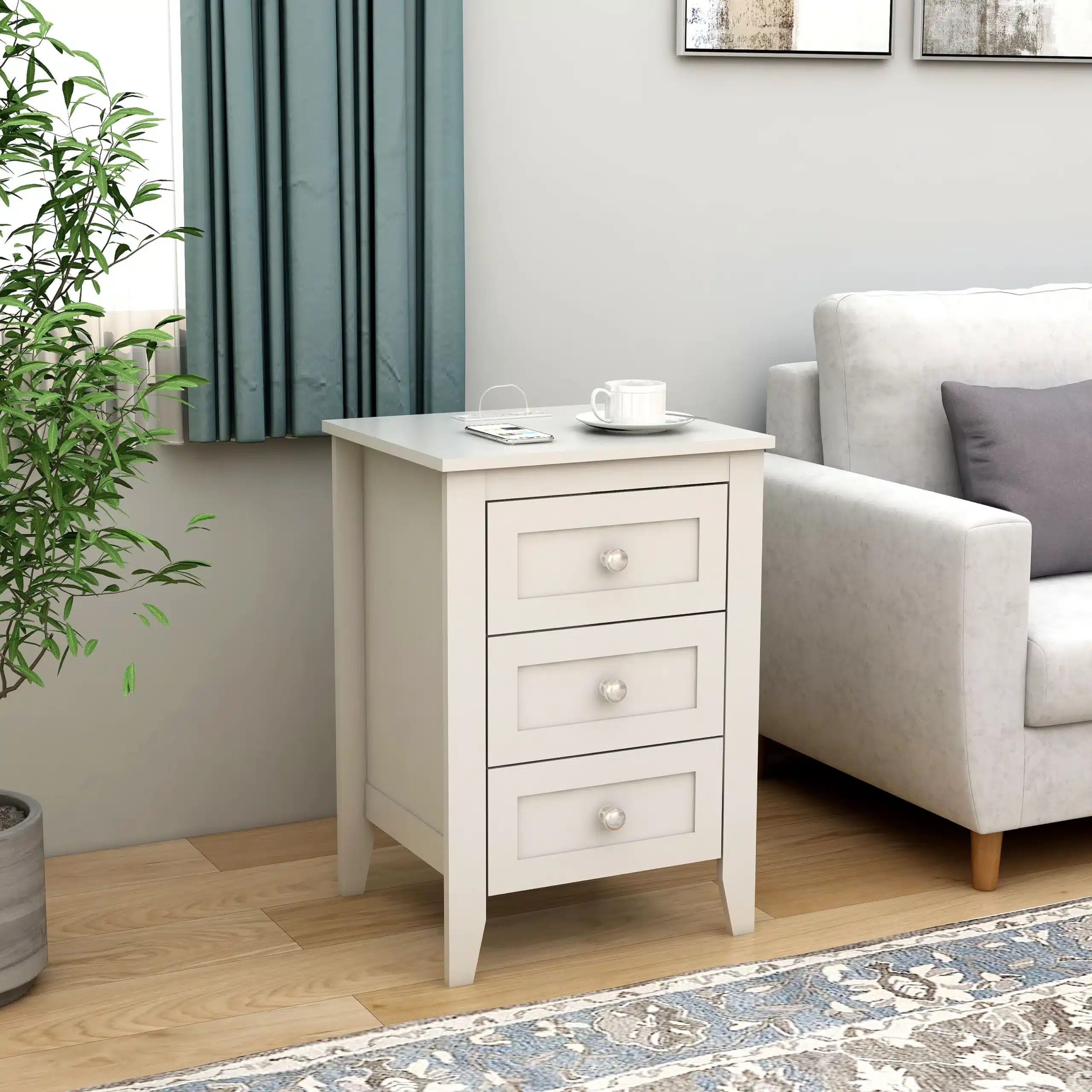 White 3-Drawer Nightstand with Charging Station – Modern Wooden Bedside Table