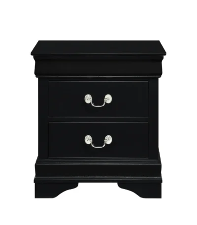 Classic Louis Philippe black nightstand with 2 drawers and stainless steel handles