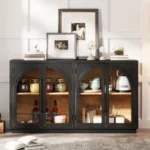 4-Door Large Solid Wood Eco-Friendly Antique Storage Sideboard Buffet Cabinet with Glass Doors Adjustable Shelves for Kitchen