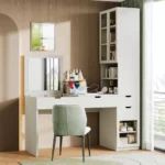 Modern Vanity Desk with Mirror and Charging Station, Computer Desk with Drawers, Cabinets and Open Shelves – side view