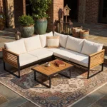 Modern 4-Piece Acacia Wood Outdoor Patio Sofa Set Hotel-Style Corner Sectional with Metal Frame and Waterproof Cushions