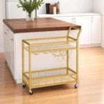 HMS 27" Gold Metal Wood Rolling Bar Cart with Wine Storage Serving Trolley for Dining Living Room Hotel Made of Steel Brass