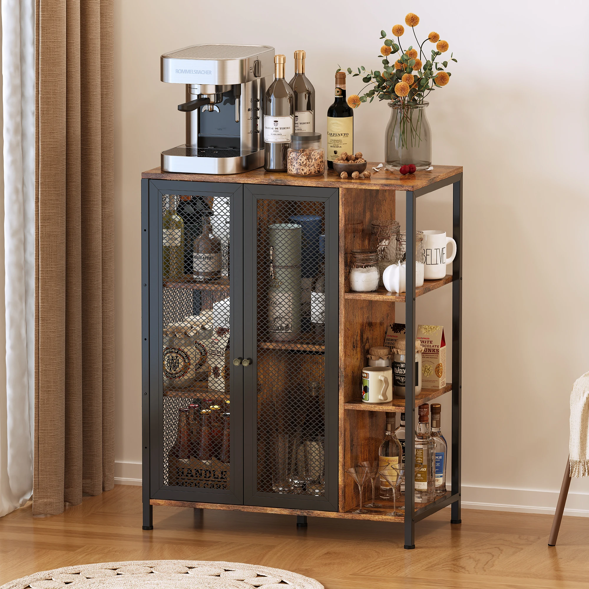 H648acdb2077f458190cc2be961c3d295y.webp Mid-century modern storage cabinet with doors and mesh panels in a living room