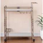 HMS Luxury Champagne Metal Mirrored Glass Rolling Bar Cart Wine Storage Serving Trolley for Dining Living Room or Any Room