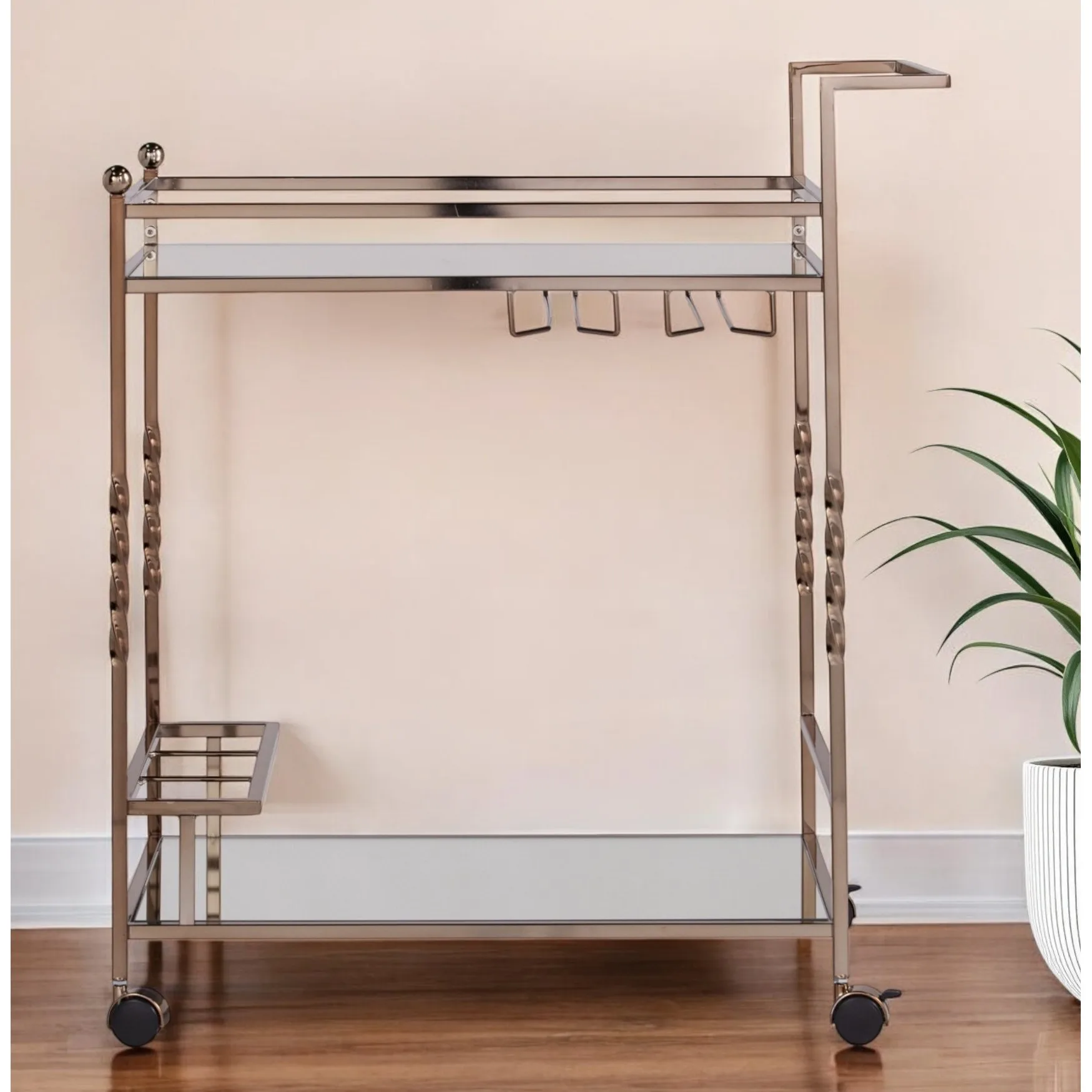 H64b3d38c77704e15969b7f275b4524ebG.webp HMS Luxury Champagne Metal Mirrored Glass Rolling Bar Cart Wine Storage Serving Trolley for Dining Living Room or Any Room - Image 1