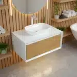 Modern 36-inch white MDF bathroom vanity with single sink, wall-mounted floating design, front view in a bright