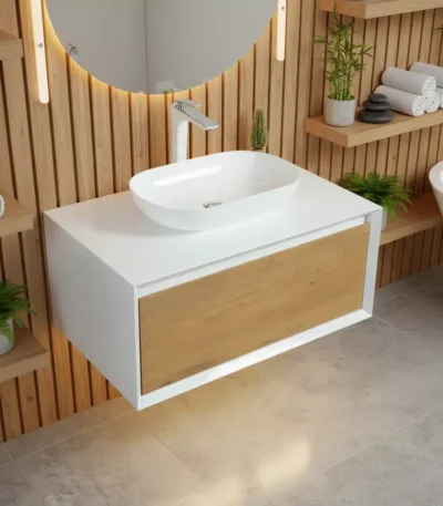 Modern 36-inch white MDF bathroom vanity with single sink, wall-mounted floating design, front view in a bright