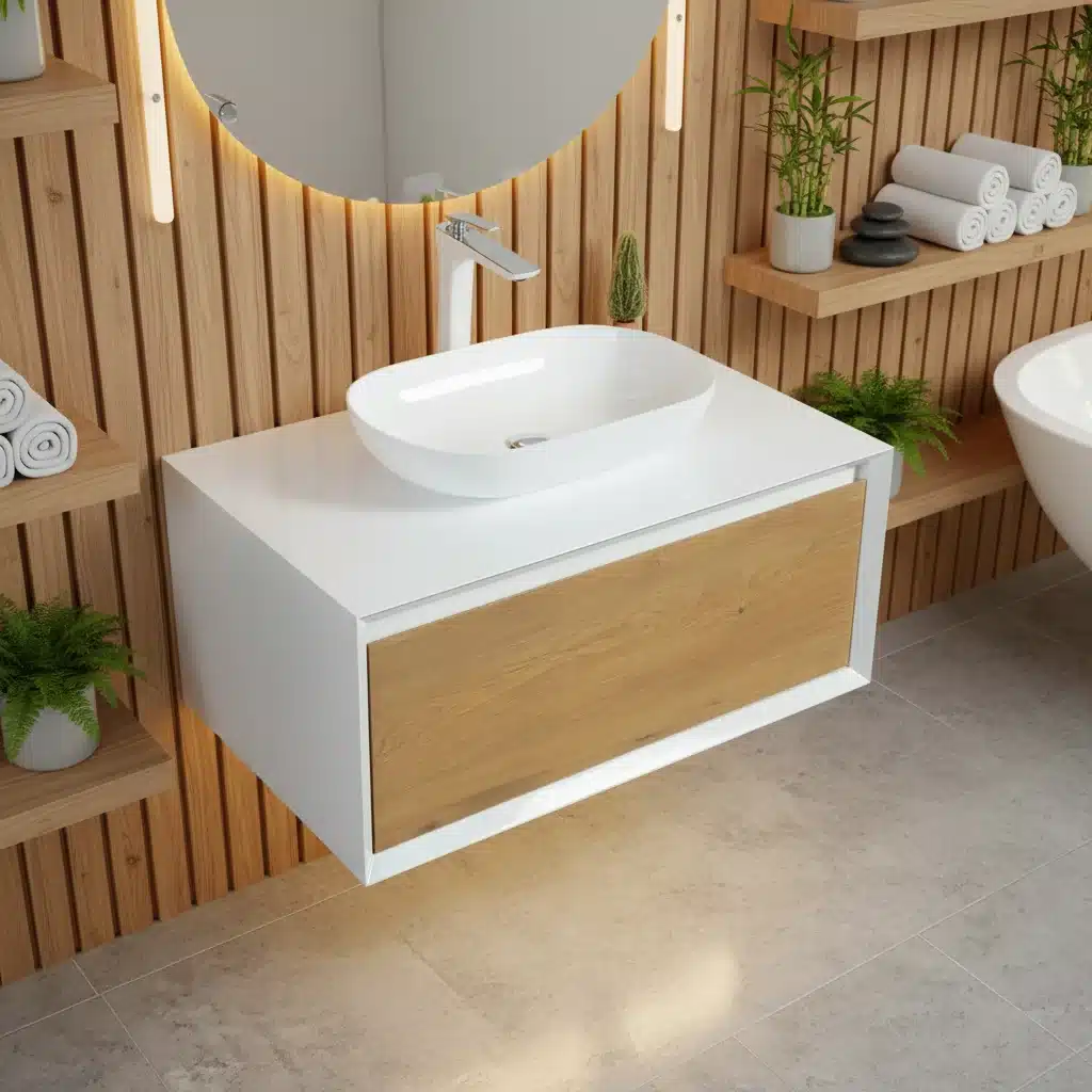 Modern 36-inch white MDF bathroom vanity with single sink, wall-mounted floating design, front view in a bright