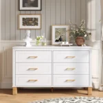 Goldoma M 6-Drawer Double Dresser in white with solid wood legs, modern storage cabinet for bedroom organization