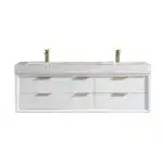 Modern bathroom vanity with white finish and stone top, side view highlighting slim profile and wall mount.