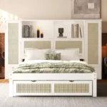 Goldoma twin storage bed with two lockers, drawer, and headboard shelf in natural rattan white finish