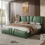 Goldoma queen PU leather bed frame with wingback headboard in a modern bedroom setting