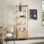 FCJ Oak Transitional Narrow Bookshelf with Drawer for Home Office Workshop Living Room Melamine Wood Style for Book Storage