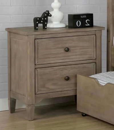 Wire brushed warm gray nightstand with two drawers and round knobs in a bedroom setting