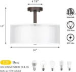 US Instock Indoor Decor Semi Ceiling Lamp 3 Lamp Bulbs Fabric Dining Pendant Light Modern Ceiling Light for Living Room