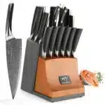 15 Pieces Knife Set Damascus Steel Professional Chef Kitchen Knife Set with Wooden Block – angled view