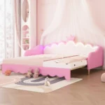 Modern twin extending daybed with LED lights and crown headboard in white PU leather