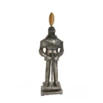 Antique medieval armor suit in tin decor, displayed on a wooden stand against a dark background, full front view,