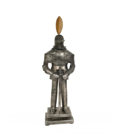Antique medieval armor suit in tin decor, displayed on a wooden stand against a dark background, full front view,