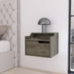 Floating nightstand with drawer and dual shelf display mounted on wall in modern bedroom