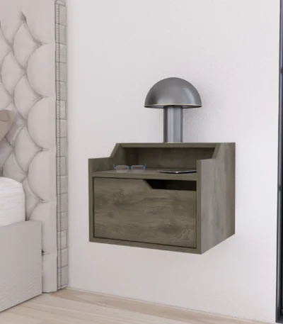 Floating nightstand with drawer and dual shelf display mounted on wall in modern bedroom