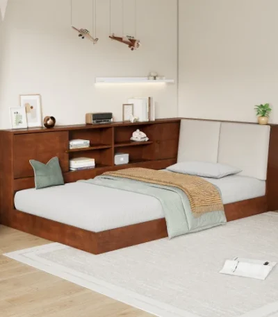Goldoma L-shaped wooden twin bed with upholstered headboard, bookcase storage, and USB ports in a corner setup