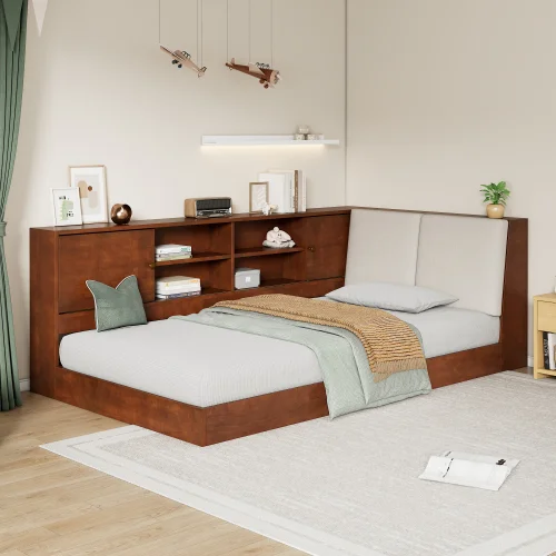 H658bbe9fea3047c9b88313fbf6ced965E.webp Goldoma L-shaped wooden twin bed with upholstered headboard, bookcase storage, and USB ports in a corner setup