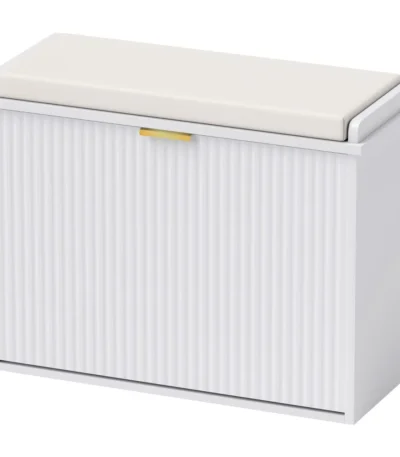 White cushioned storage bench with shoe rack in entryway, Goldoma organizer with drawer and adjustable shelf