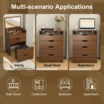 3-in-1 solid wood vanity desk with lighted mirror and flip-top storage stool in a modern bedroom setting