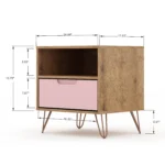 Pink nightstand with wooden frame and metal legs for bedroom storage