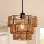 1-Light Farmhouse Rattan Boho Pendant Light with woven rope lampshade hanging over a rustic wooden kitchen island.