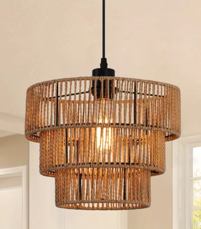 1-Light Farmhouse Rattan Boho Pendant Light with woven rope lampshade hanging over a rustic wooden kitchen island.